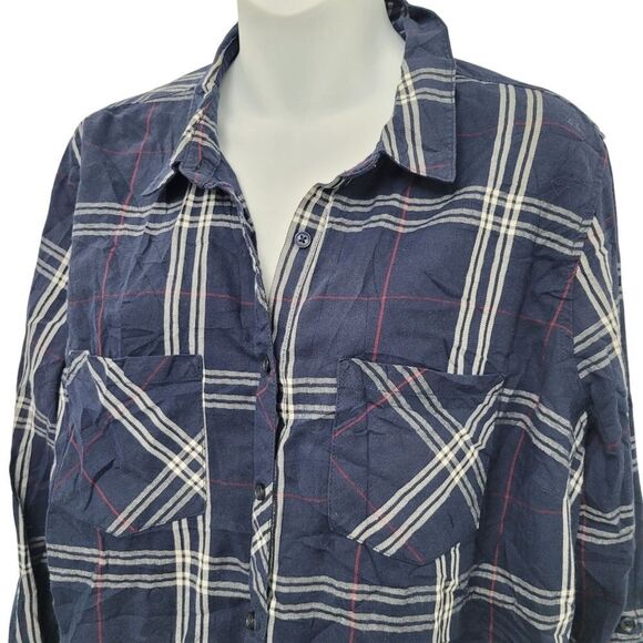2/$20 Reitmans Navy Blue Plaid Pattern Buttons Down Shirt Top Size: XXL - Picture 6 of 8